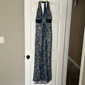 BCBGMaxAzria Blue and Cream Halter Maxi Dress Resort Wear